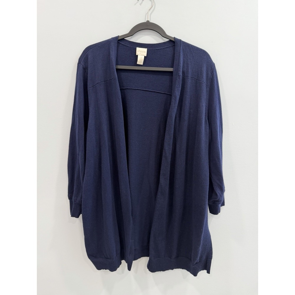 Chico's Navy Blue Open Front Knit Cardigan Ribbed Trim XL Size 3 Longline Cozy